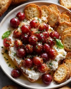 Whipped goat cheese board with roasted grapes, honeycomb, and rosemary walnuts