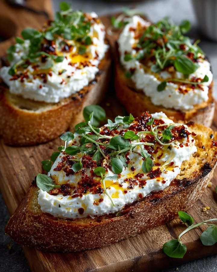 Whipped ricotta toast with burrata center and chili oil drizzle