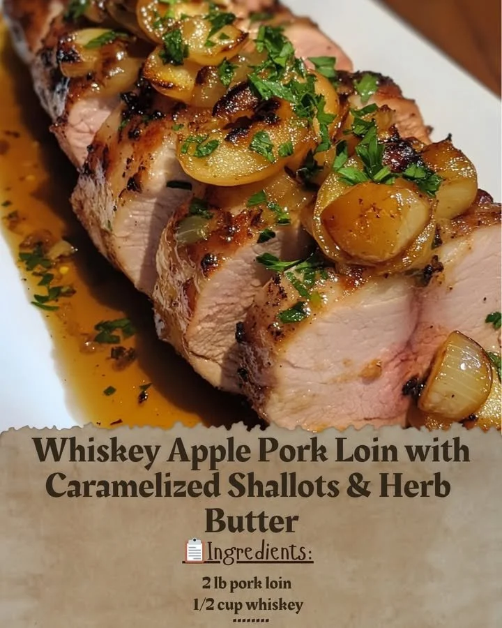 Whiskey Apple Pork Loin with caramelized shallots and herb butter on a serving plate
