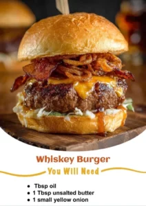 Delicious Whiskey Burger with smoky flavors and fresh toppings