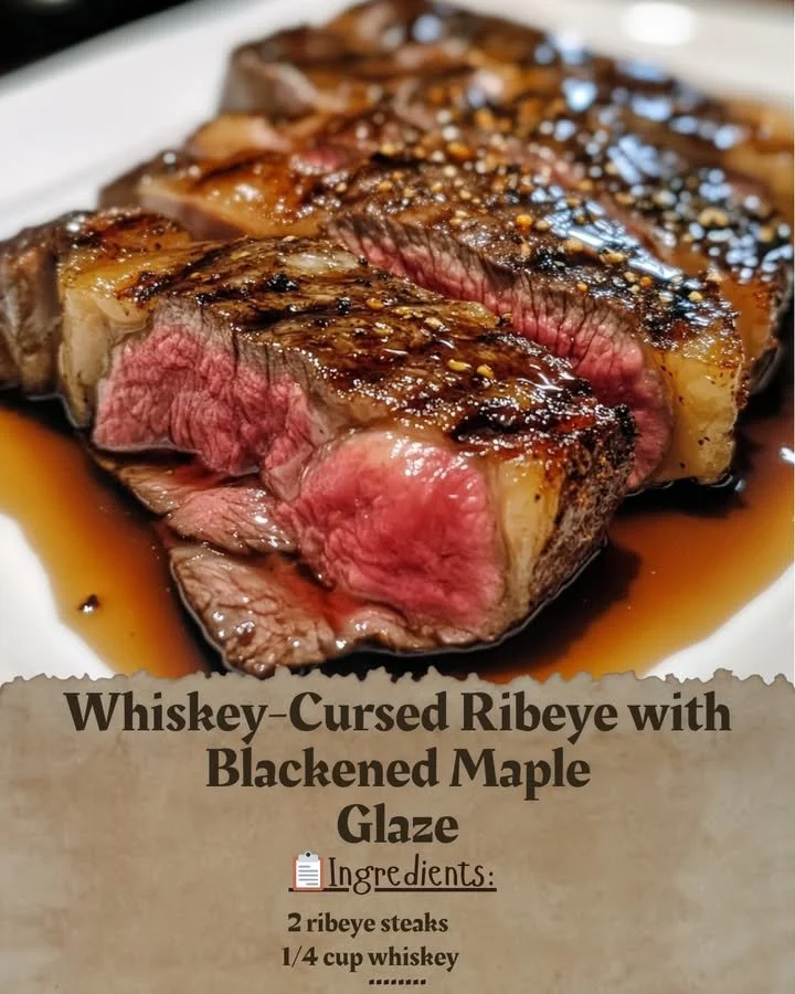 Whiskey-Cursed Ribeye with Blackened Maple Glaze served on a plate