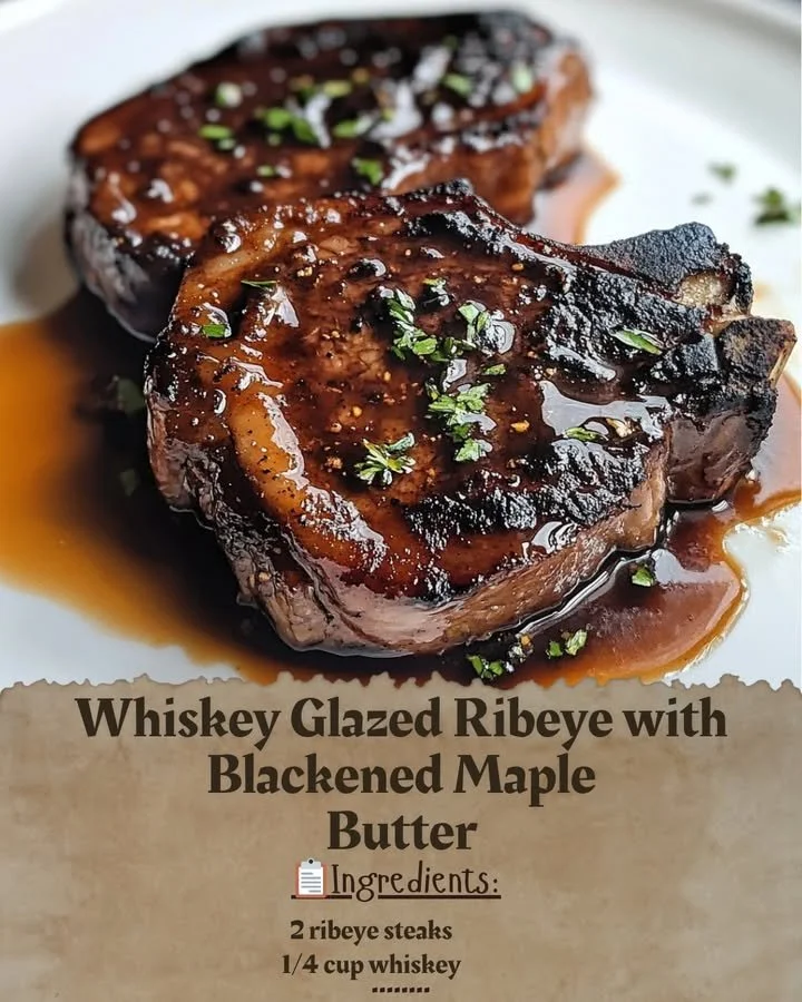 Whiskey Glazed Ribeye steak topped with Blackened Maple Butter for a gourmet treat.