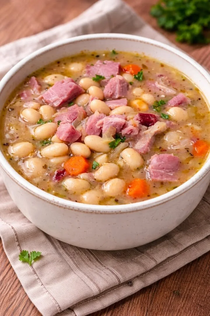 A bowl of flavorful white bean and ham soup garnished with herbs.