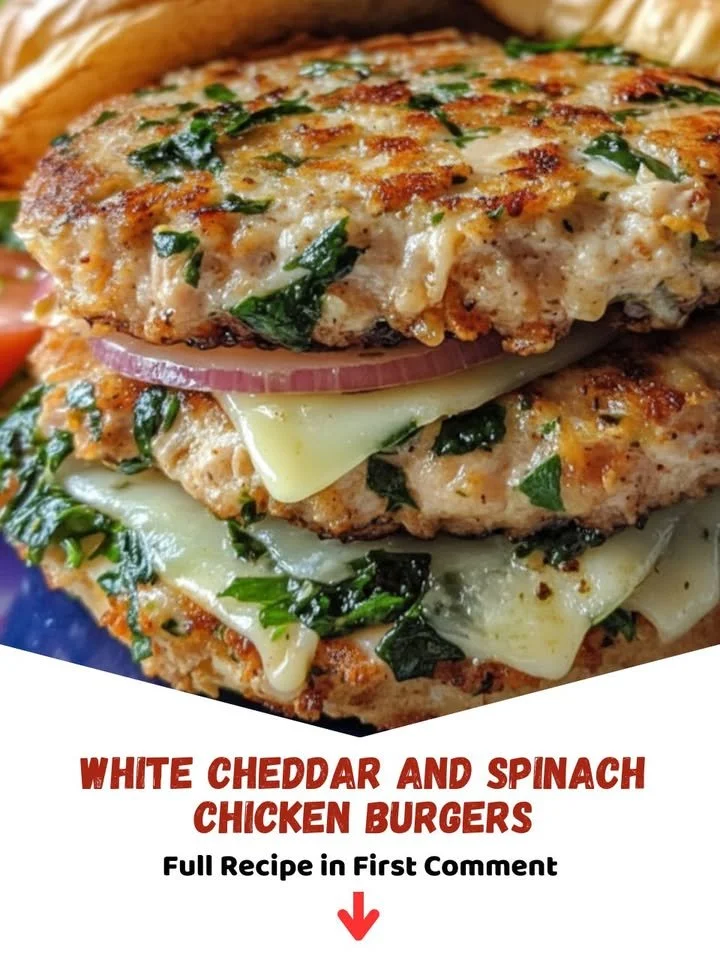White cheddar and spinach chicken burgers on a plate with fresh toppings