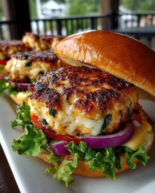 White Cheddar and Spinach Chicken Burgers served with fresh ingredients