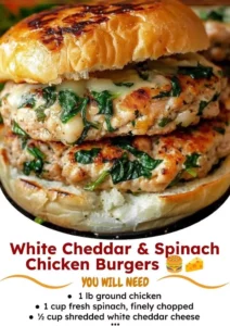 White Cheddar & Spinach Chicken Burgers served with fresh greens