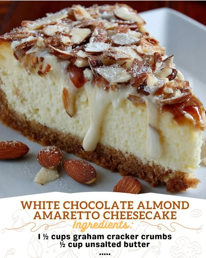 White Chocolate Almond Amaretto Cheesecake topped with almonds and chocolate drizzle.
