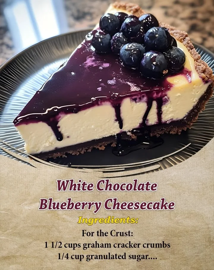 Delicious slice of white chocolate blueberry cheesecake topped with fresh blueberries