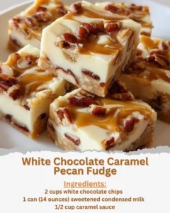 Delicious white chocolate caramel pecan fudge with nuts