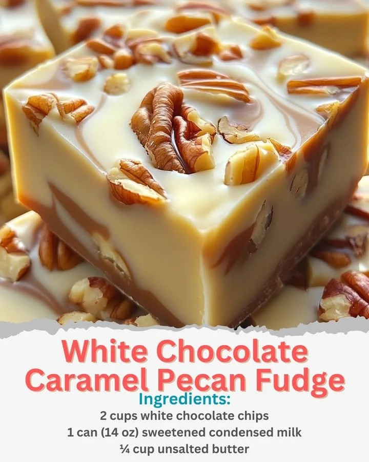 Delicious white chocolate caramel pecan fudge with crunchy pecans