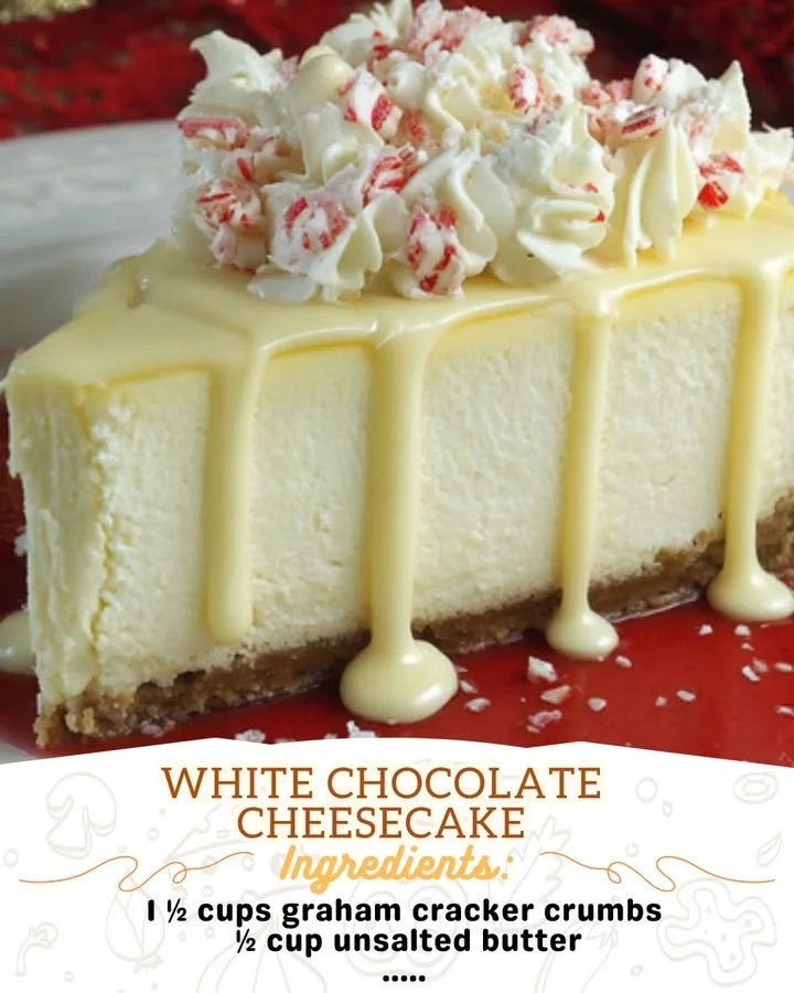 Delicious slice of White Chocolate Cheesecake topped with white chocolate shavings.