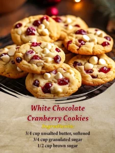 Freshly baked white chocolate cranberry cookies on a plate