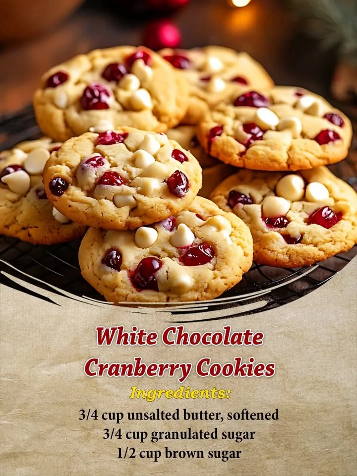 Freshly baked white chocolate cranberry cookies on a plate