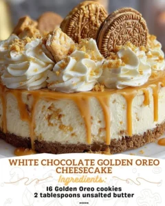 Delicious slice of White Chocolate Golden Oreo Cheesecake with a golden crust