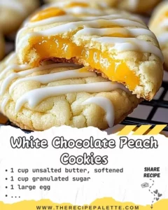 Delicious white chocolate peach cookies on a baking tray.