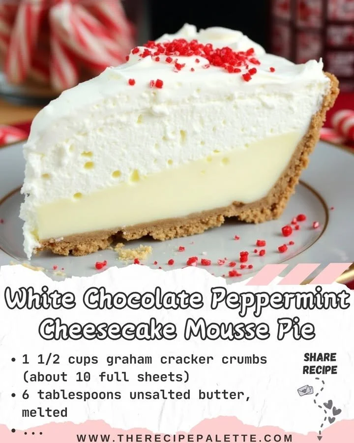 White Chocolate Peppermint Cheesecake Mousse Pie with festive decorations