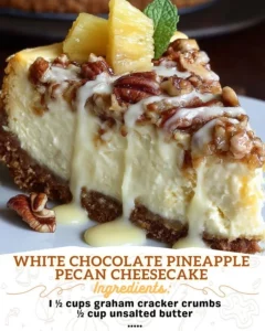 Delicious White Chocolate Pineapple Pecan Cheesecake topped with nuts and pineapple slices