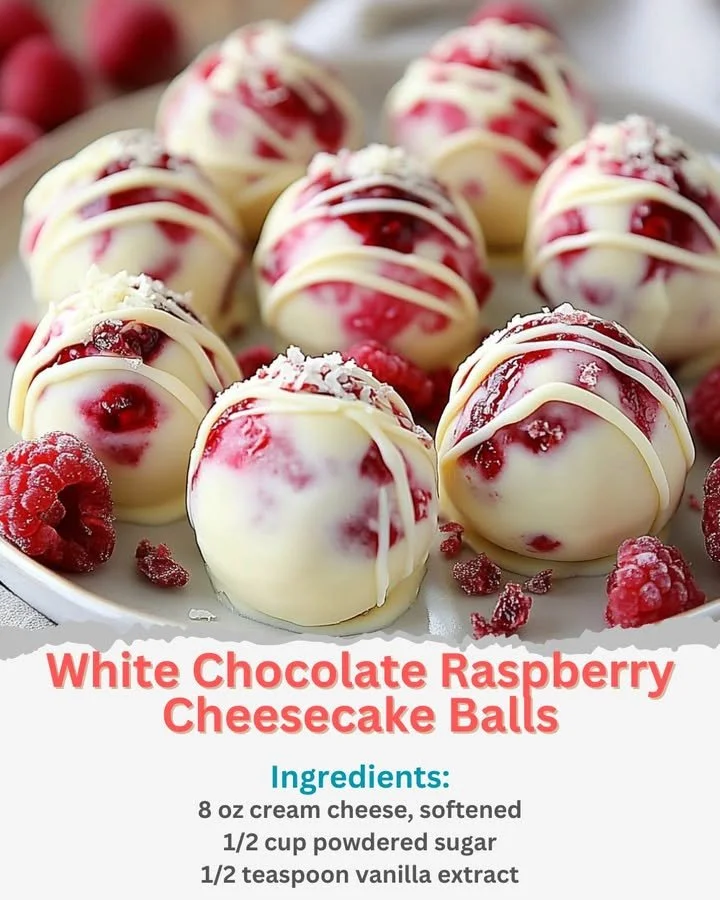 Delicious white chocolate raspberry cheesecake balls on a plate