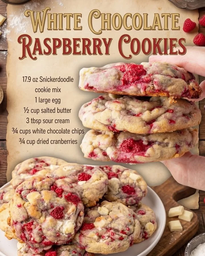 Freshly baked white chocolate raspberry cookies on a cooling rack