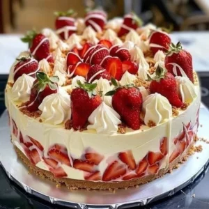 Slice of White Chocolate Strawberry Cheesecake topped with fresh strawberries.