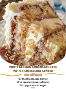 White German Chocolate Cake with Cheesecake Center, a delicious dessert option.