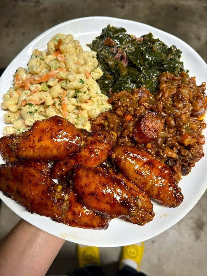 Delicious Hawaiian Macaroni Salad served with wings and cowboy beans.