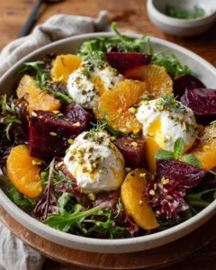 Winter Citrus Salad with burrata, roasted beets, and pistachios in orange-honey vinaigrette.