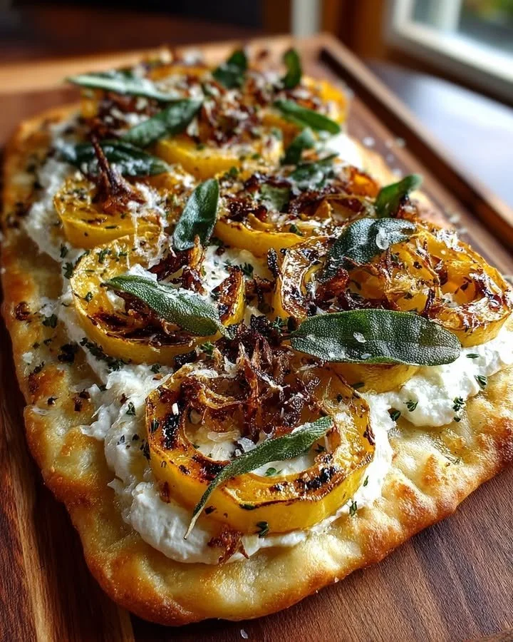 Winter flatbread with whipped ricotta, roasted delicata squash, and crispy sage