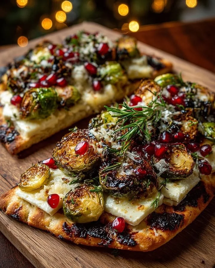 Winter Harvest Flatbread topped with Brie, Brussels sprouts, and pomegranate-maple glaze