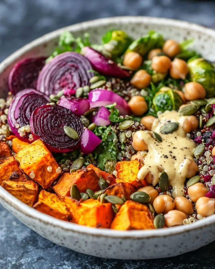 A delicious winter veggie chickpea bowl filled with colorful vegetables and chickpeas.
