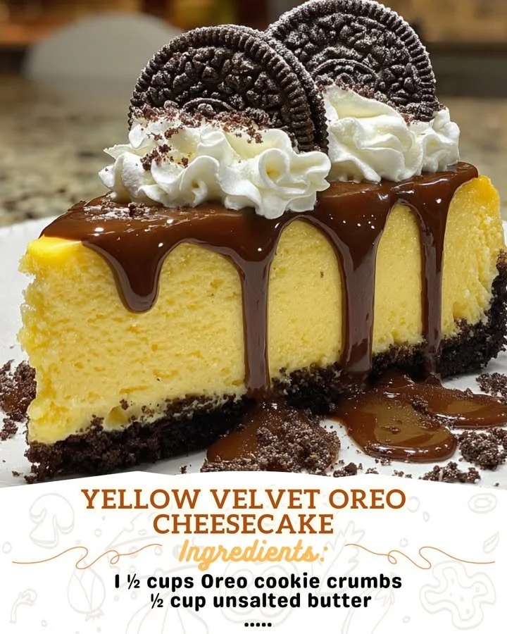 Yellow Velvet Oreo Cheesecake topped with Oreo crumbs and cream frosting