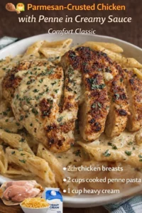 Delicious Chicken Parmesan Pasta topped with cheese and garnished with herbs.