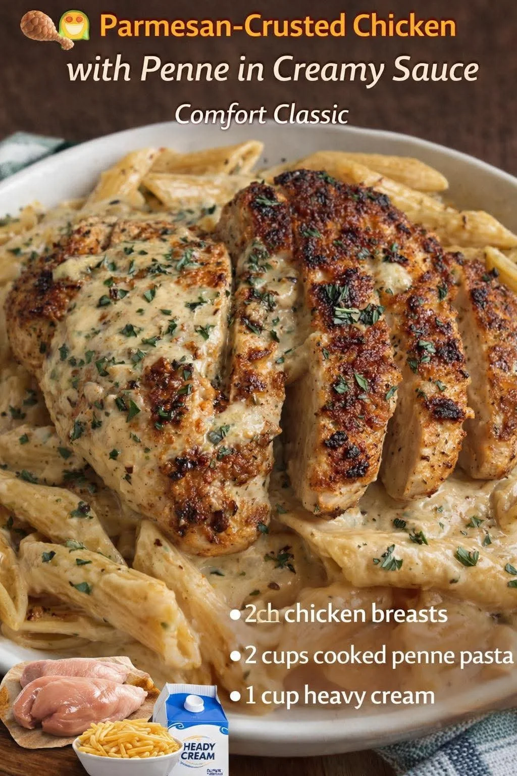 Delicious Chicken Parmesan Pasta topped with cheese and garnished with herbs.