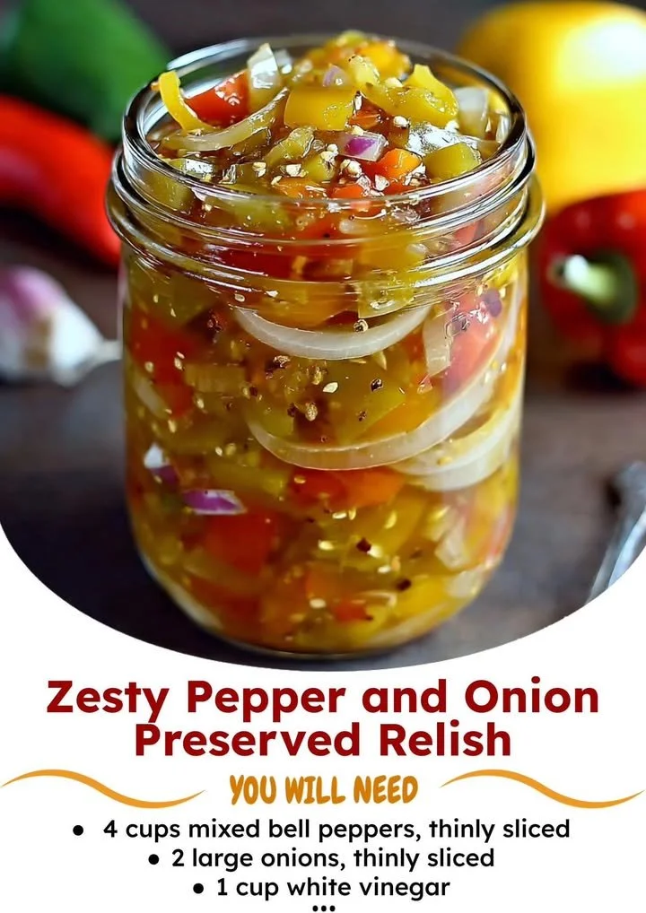 Zesty pepper and onion relish in a jar, perfect for enhancing dishes
