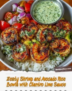 Zesty shrimp avocado rice bowl with cilantro lime sauce in a ceramic bowl