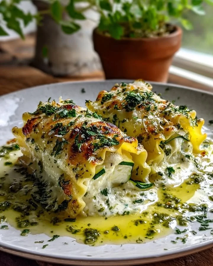 Zucchini cheese roll-ups with pesto on a plate