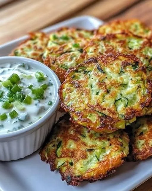 Zucchini fritters with feta and cucumber yogurt dip, served on a plate.