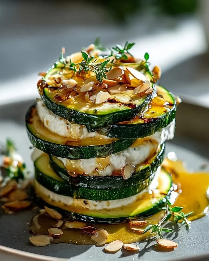 Zucchini and goat cheese stacks drizzled with honeyed almonds