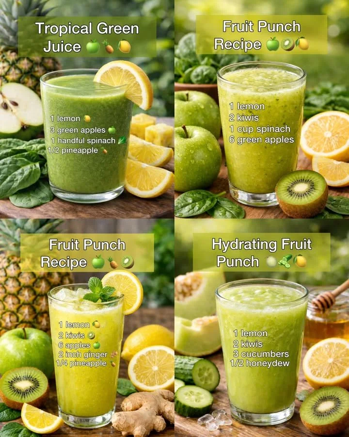 Four refreshing green juice recipes featuring fresh fruits and vegetables