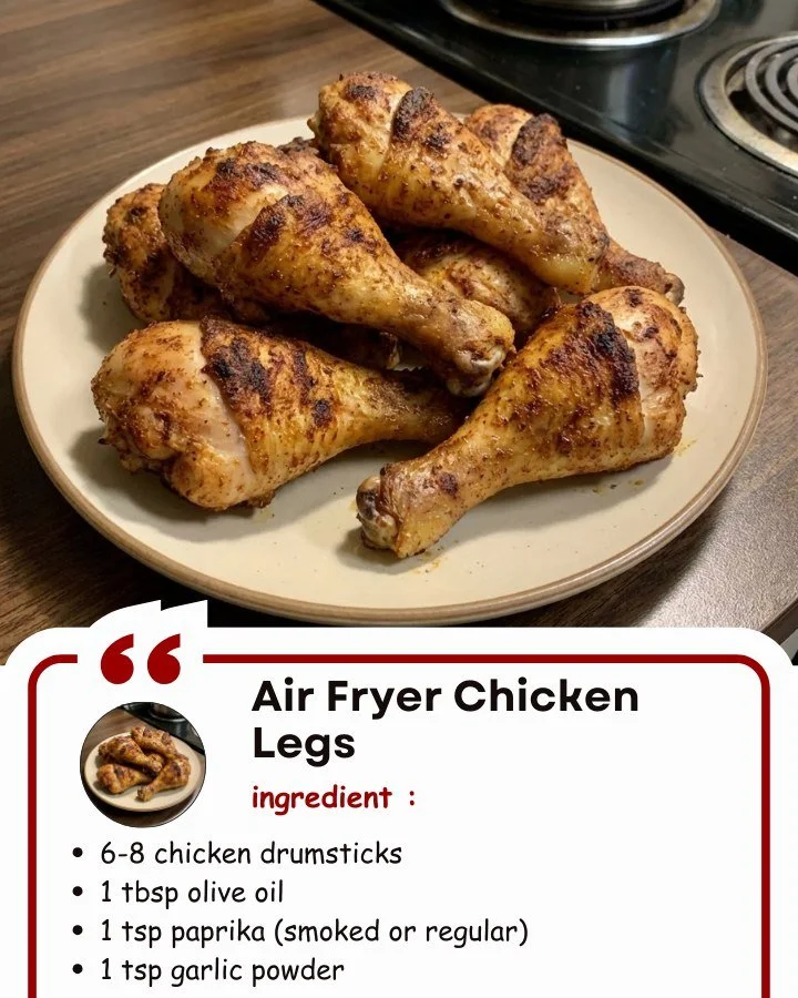 Delicious golden brown air fryer chicken legs served on a plate