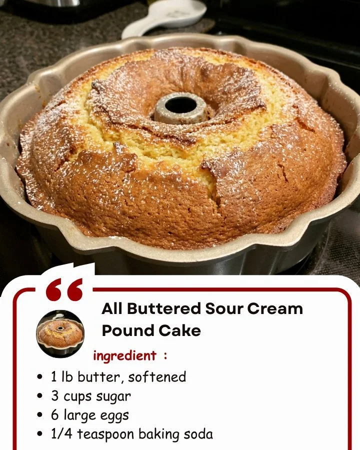 Deliciously moist All Buttered Sour Cream Pound Cake served on a plate