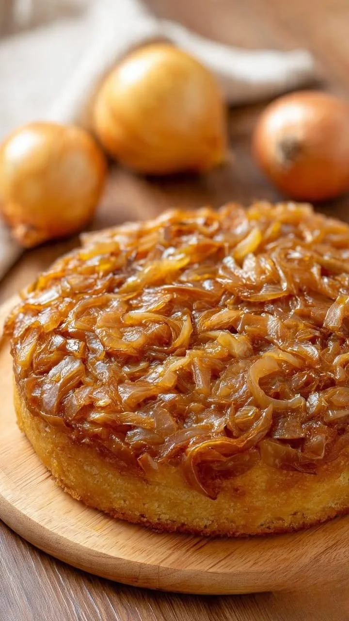 Homemade Amish onion cake with a golden crust and fresh onions