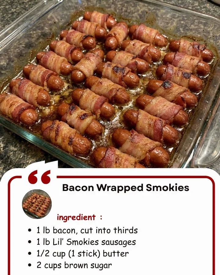 Delicious bacon wrapped smokies appetizer served on a platter.
