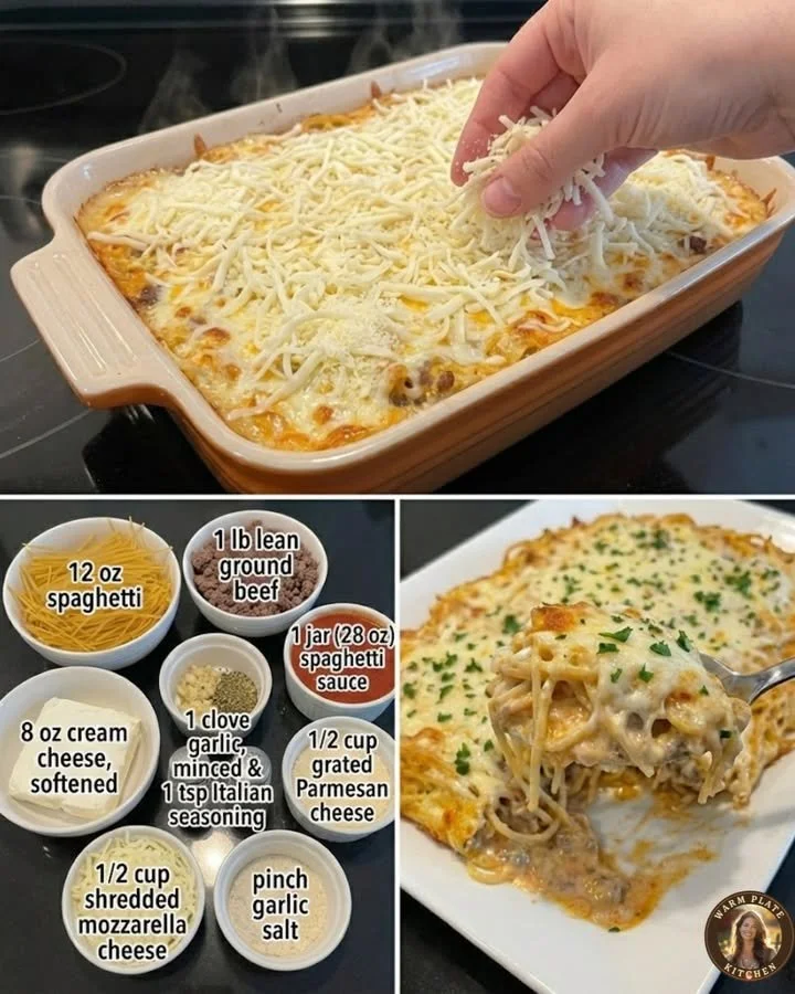Baked cream cheese spaghetti casserole served on a plate
