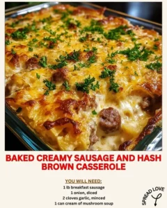 Baked creamy sausage and hash brown casserole in a dish