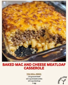 Baked Mac and Cheese Meatloaf Casserole topped with cheese and herbs
