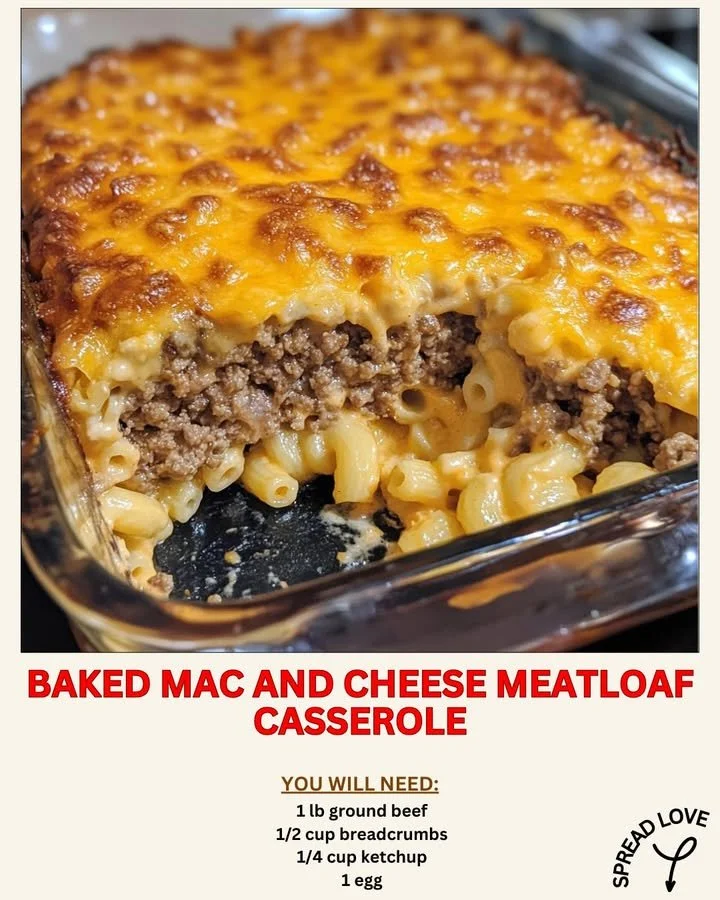 Baked Mac and Cheese Meatloaf Casserole topped with cheese and herbs