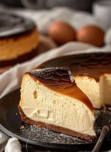 Delicious Basque Burnt Cheesecake with a caramelized top and creamy interior.