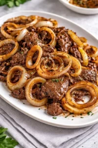 Plate of beef liver and onions garnished with herbs