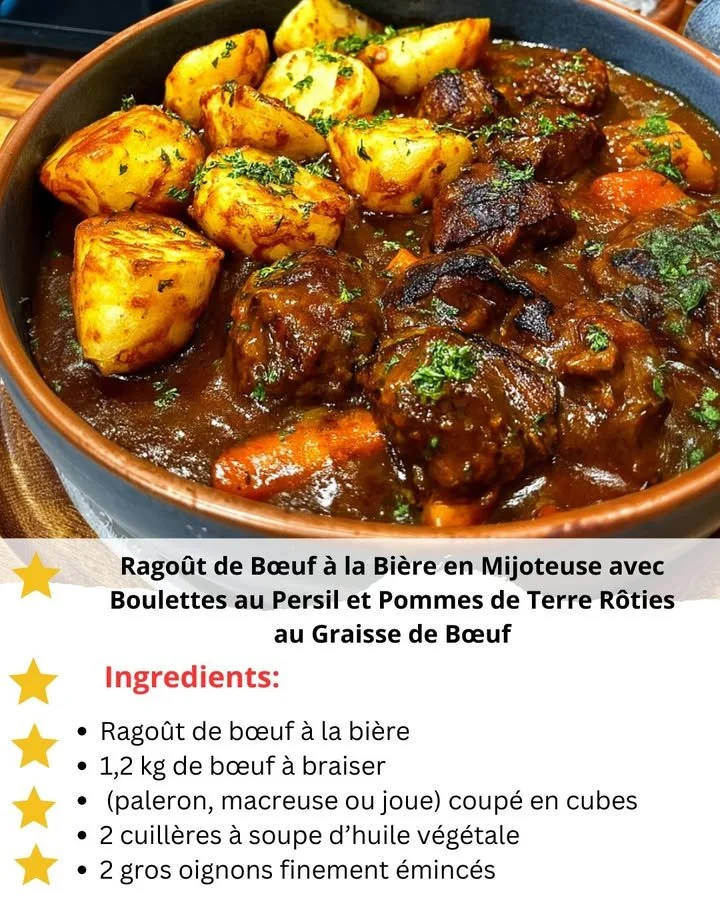 Delicious beef stew with beer in a rustic bowl garnished with fresh herbs